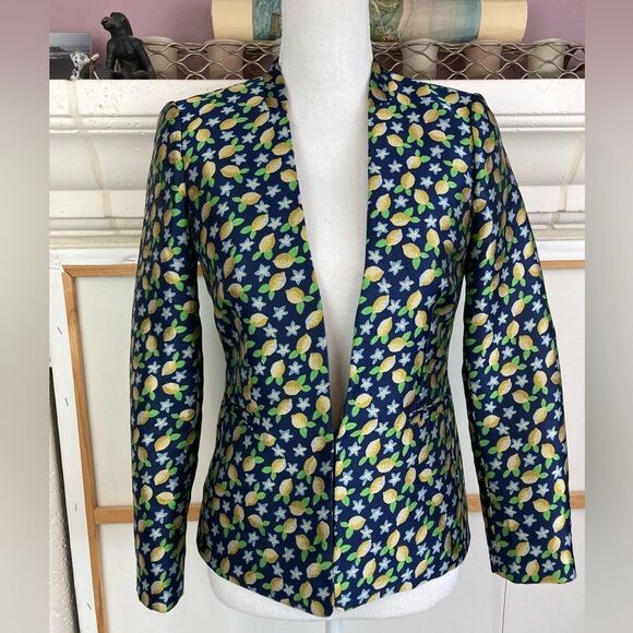 J.Crew lemon print blazer classic collarless style, lined, one frog closure🍋 - Picture 1 of 10